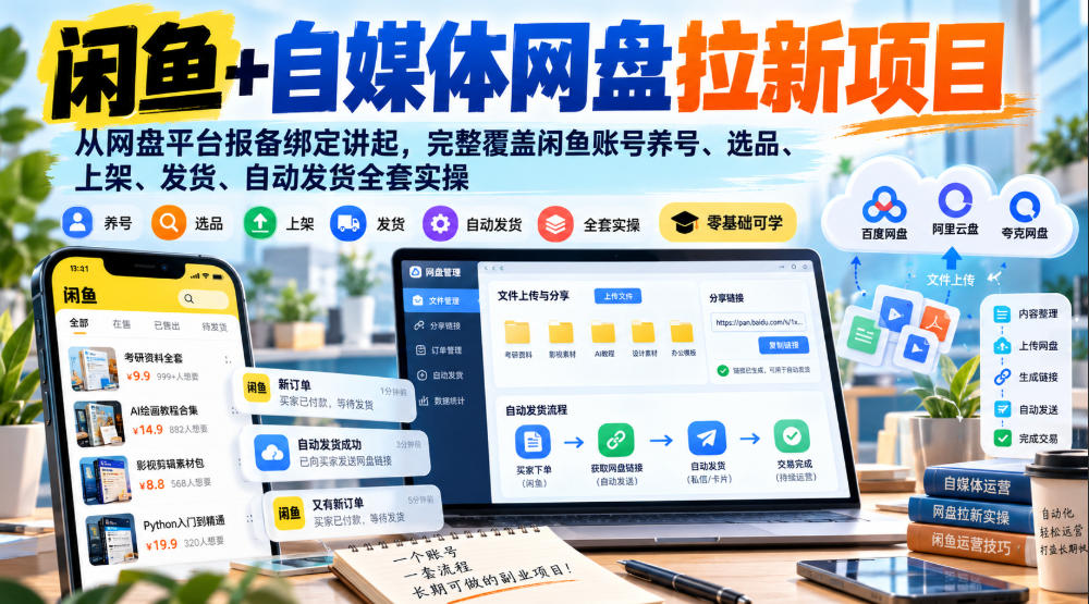 闲鱼+自媒体网盘拉新项目，从网盘平台报备绑定讲起，完整覆盖闲鱼账号养号、选品、上架、发货、自动发货全套实操（实操分享）