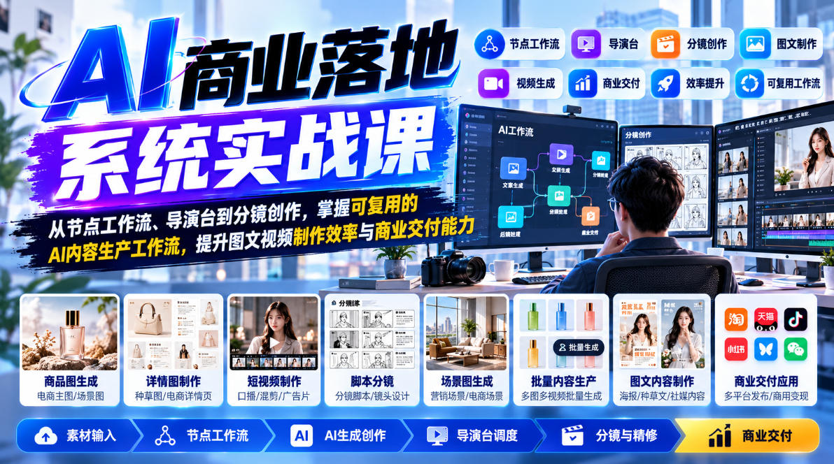 AI商业落地系统实战课，从节点工作流、导演台到分镜创作，掌握可复用的AI内容生产工作流，提升图文视频制作效率与商业交付能力（实操分享）
