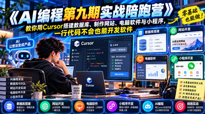 《AI编程第九期实战陪跑营》教你用Cursor搭建数据库、制作网站、电脑软件与小程序，一行代码不会也能开发软件（实操分享）