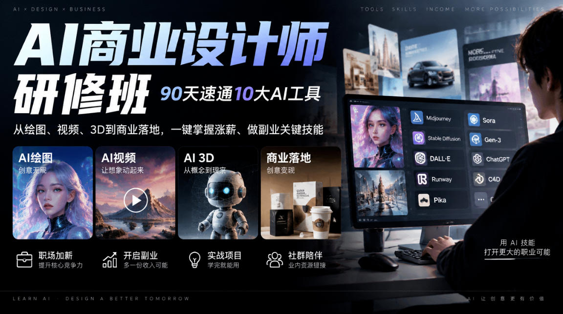 AI商业设计师研修班,90天速通10大AI工具,从绘图、视频、3D到商业落地,一键掌握涨薪、做副业关键技能