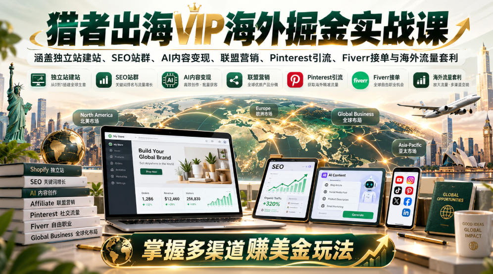 猎者出海VIP海外掘金实战课：涵盖独立站、SEO站群、AI变现、联盟营销、Pinterest引流、Fiverr接单与海外流量套利，掌握多渠道賺美金玩法（实操分享）