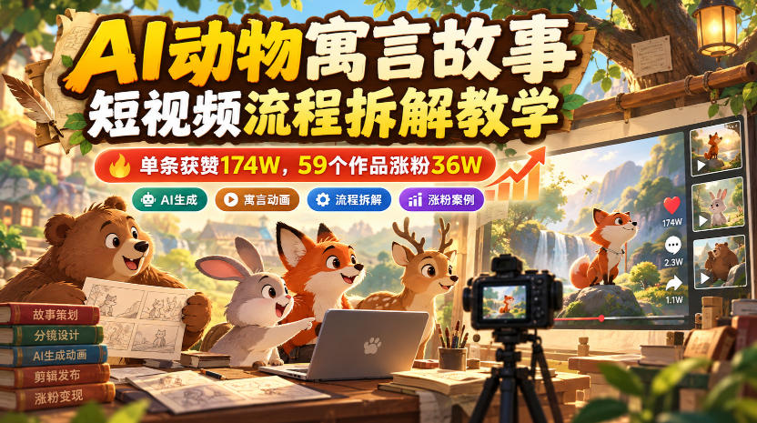 AI动物寓言故事短视频流程拆解教学，单条获赞174W，59个作品涨粉36W（实操分享）