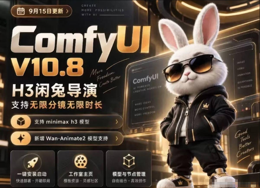 ComfyUI V10.8中文整合包，H3闲兔导演，支持无限分镜无限时长，1000+工作流，动作迁移，角色替换，视频一致性，口型同步，低显存可用（实操分享）