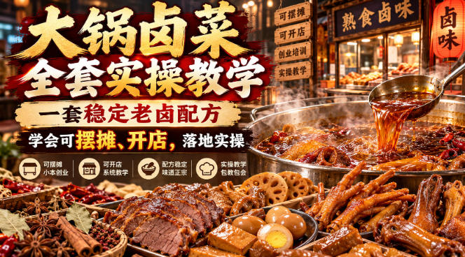 大锅卤菜全套实操教学,一套稳定老卤配方,学会可摆摊、开店,落地实操